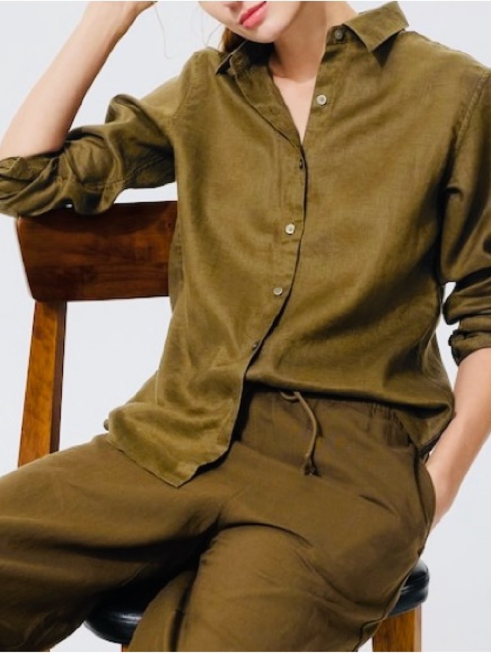 Women’s Olive Premium Linen Shirt | Long Sleeve